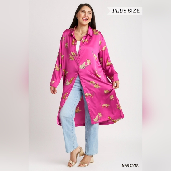 Umgee Tops - Umgee Hot Pink Satin Leopard-Print Button-Front Duster